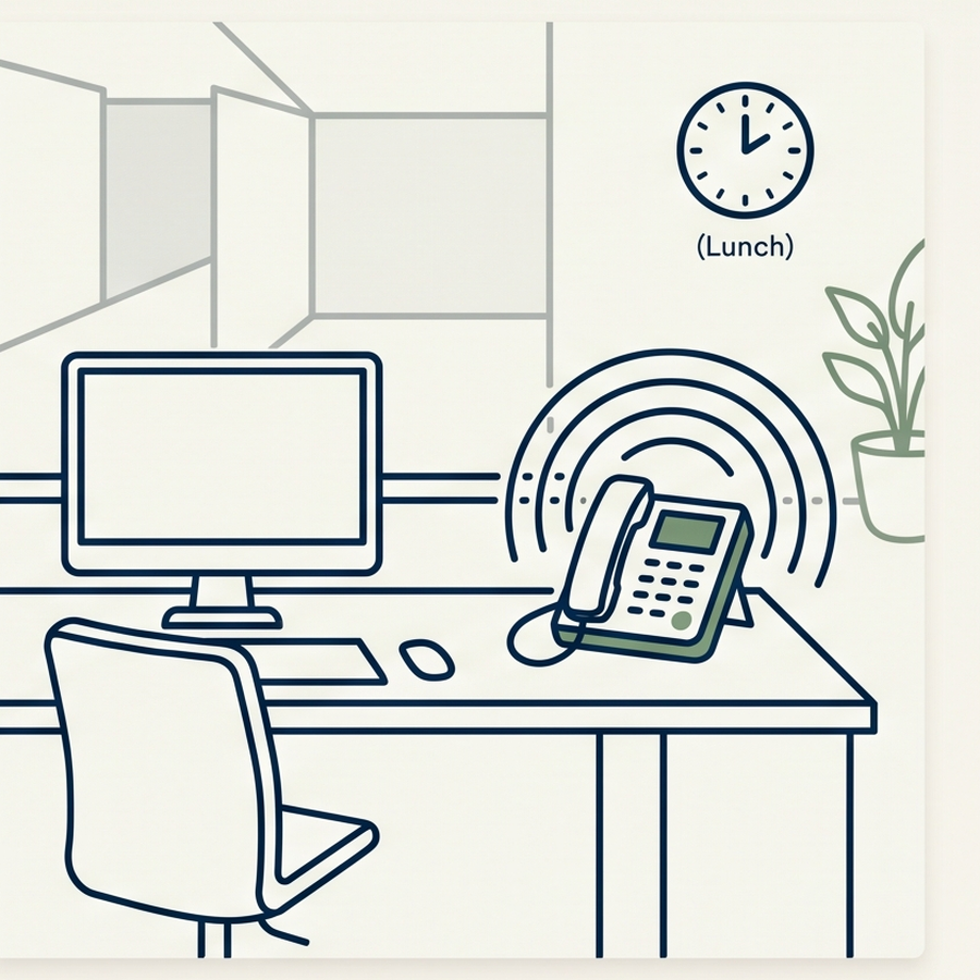 An empty clinic reception desk at lunch, phone with sound waves radiating, clock on the wall