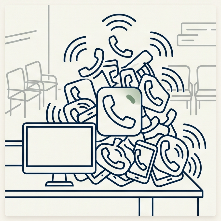 Reception desk buried under a pile of ringing phones, overwhelmed reception